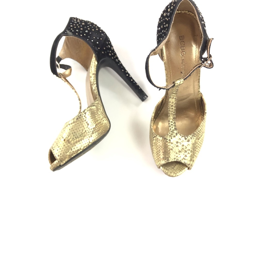 BCBG Gold Peep Toe Jeweled Stiletto Heels 6 36 - Picture 1 of 8